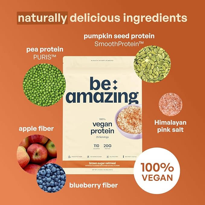 BE AMAZING Vegan Protein Powder, Brown Sugar Oatmeal, 20g Plant Based Protein with Prebiotic Fiber, Low Carb, Dairy and Gluten Free Shake Mix, No Added Sugar, 29.3 oz, 25 Servings