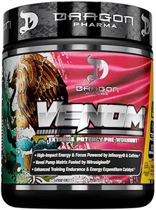 DRAGON PHARMA Venom Extreme Potency Pre-Workout, Laser Sharp Focus + Energy, Intense Performance, Proven Ingredients for Enhanced Vasodilation & Endurance (40 Servings, Tamarindo Aqua Fresca)