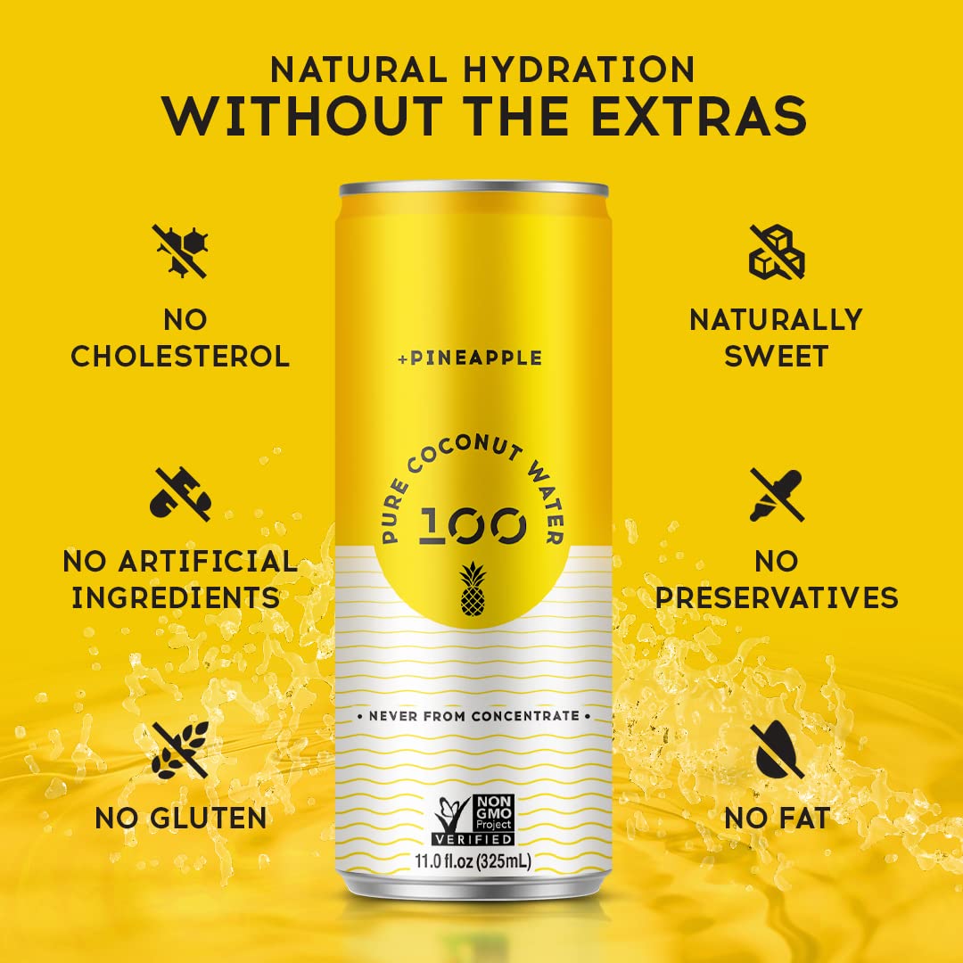 100 Coconuts Pineapple Pure Coconut-100% Pure Coconut Water - Low Calorie All-Natural Drink with Electrolytes - Naturally Sweet, no preservatives- Non-GMO, 11 fl oz, Pack of 12 (Pure Coconut Water)