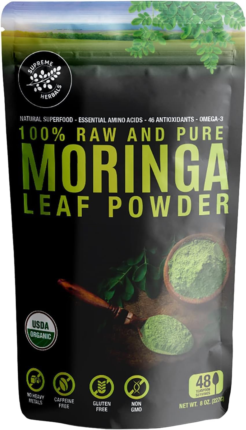 100% Raw and Pure Moringa Leaf Powder. Organic Certified Moringa Leaf. Natural Superfood with Essential Amino Acids, Antioxidants, and Omega 3, 8 oz Resealable Bag.