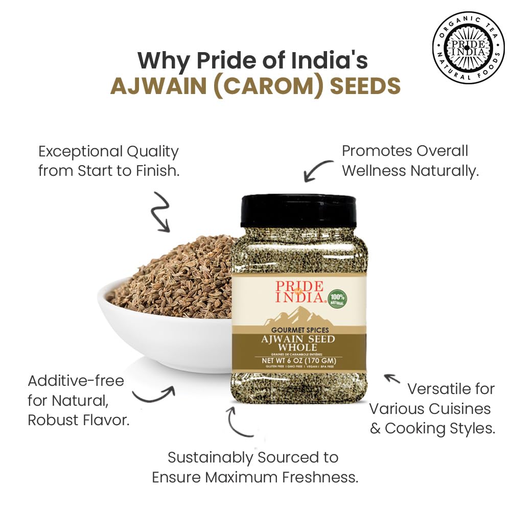 Pride of India - PACK of 6 - Ajwain Seed Whole 7 oz (200 gm) Medium Dual Sifter Jar | Gourmet Carom Seeds | Flavoring agent for Savory Dishes | Aromatic & Nutrient Dense | Easy to Use