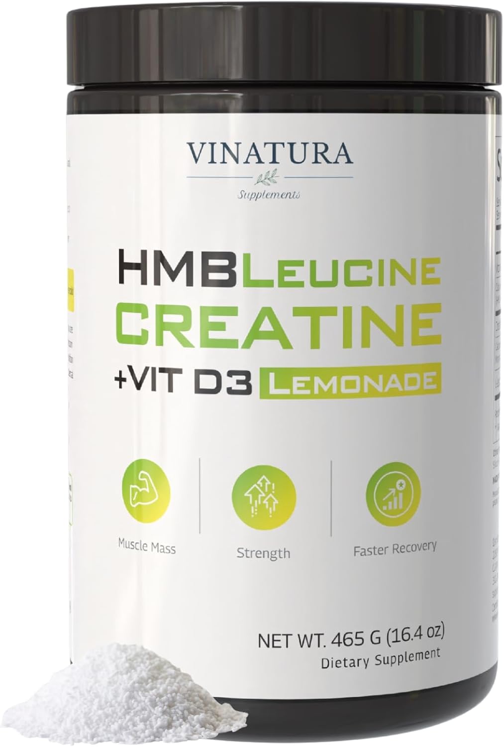 HMB Creatine Leucine Powder - 5g Creatine Monohydrate, 3g HMB Supplement, 3g L-Leucine - Vitamin D3, Vegan Lemonade Flavor, Muscle & Strength Support - 30 Servings