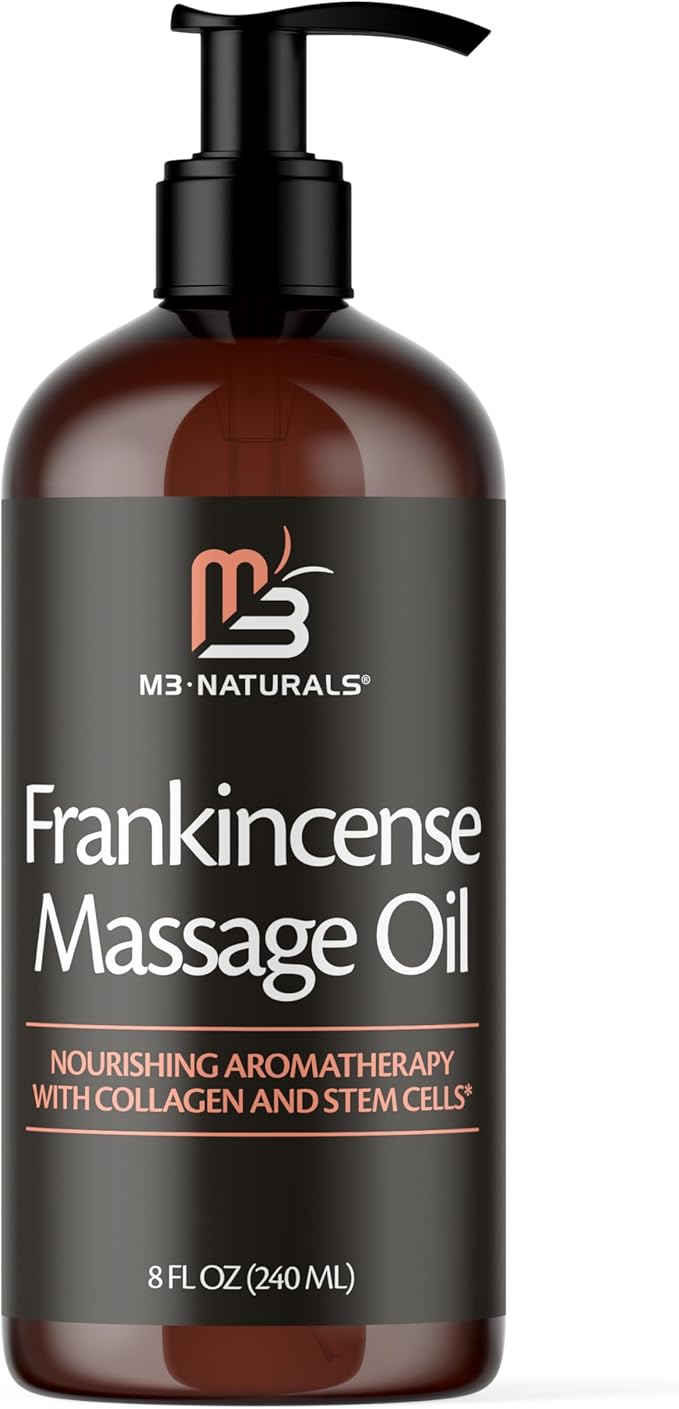 Frankincense Essential Massage Oil for Scars, Stretch Marks & Fine Lines, Firming, Hydrating, Smoothing & Calming Formula with Collagen, Stem Cells, Lavender & Grapefruit, 8 fl oz, by M3