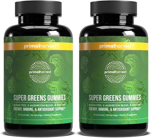 Primal Harvest Super Greens Gummies, Superfood Blend with Adaptogenic Mushrooms Vitamins & Nutrient-Rich Minerals & Antioxidants for Energy & Immune Support (1 Pack (60 Count), Berry)