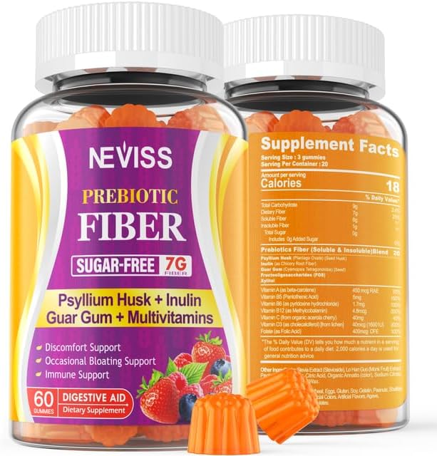 1Pack Fiber Gummies for Adults with Psyllium Husk, 7G(Soluble + Insoluble) Daily Prebiotic Fiber with Inulin, FOS, Guar Gum, Multivitamins for Daily Digestive Health, Regularity Gut Support,Sugar Free