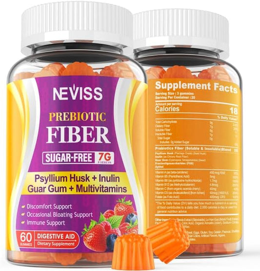 1Pack Fiber Gummies for Adults with Psyllium Husk, 7G(Soluble + Insoluble) Daily Prebiotic Fiber with Inulin, FOS, Guar Gum, Multivitamins for Daily Digestive Health, Regularity Gut Support,Sugar Free