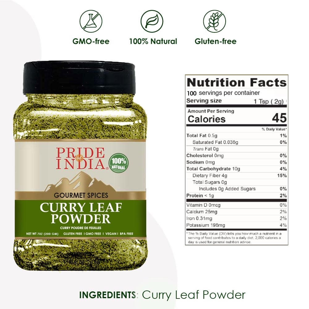 Pride Of India - PACK of 6 - Natural Curry Leaf Powder Ground - 8 oz (Half Pound) Resealable Pouch - Authentic Indian Spice Blend - Used in Soups, Stews, Chutneys and Rice
