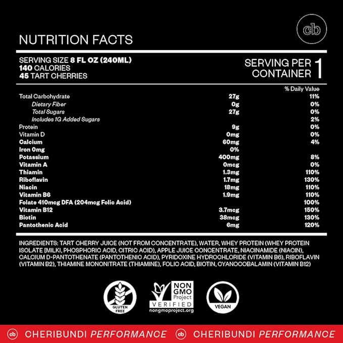 Cheribundi Tart Cherry Juice Protein | Tart Cherry Juice with Whey Protein | Athletes Recovery Drink | Promotes Restorative Sleep, Muscle Recovery & Boosts Athletic Performance | 8 floz (12 Pack)