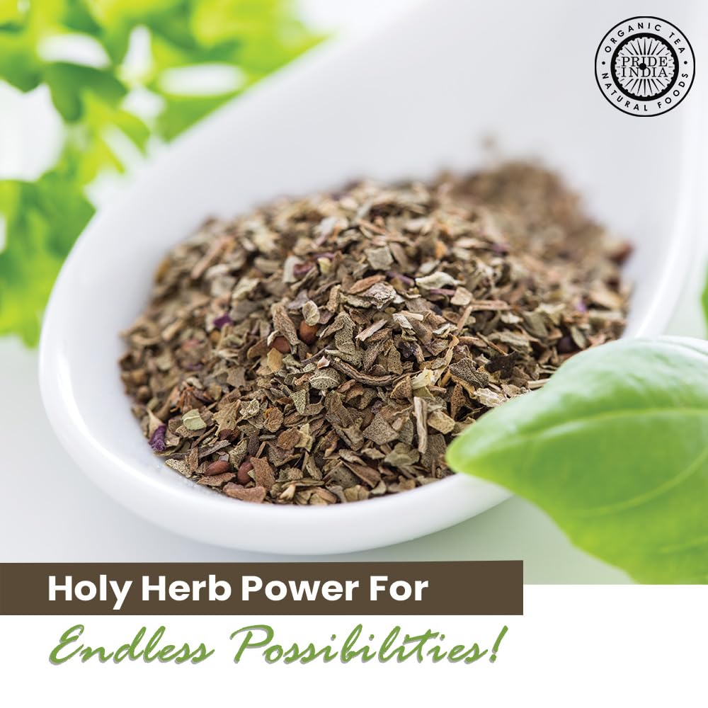 Pride of India – Sweet Holy Basil Leaf – Indian Tulsi Leaf Cut & Sifted – Gourmet Herb – Rich in Nutrients – Ocimum sanctum – GMO Free – Easy to Use – 0.5 oz. Small Dual Sifter Bottle