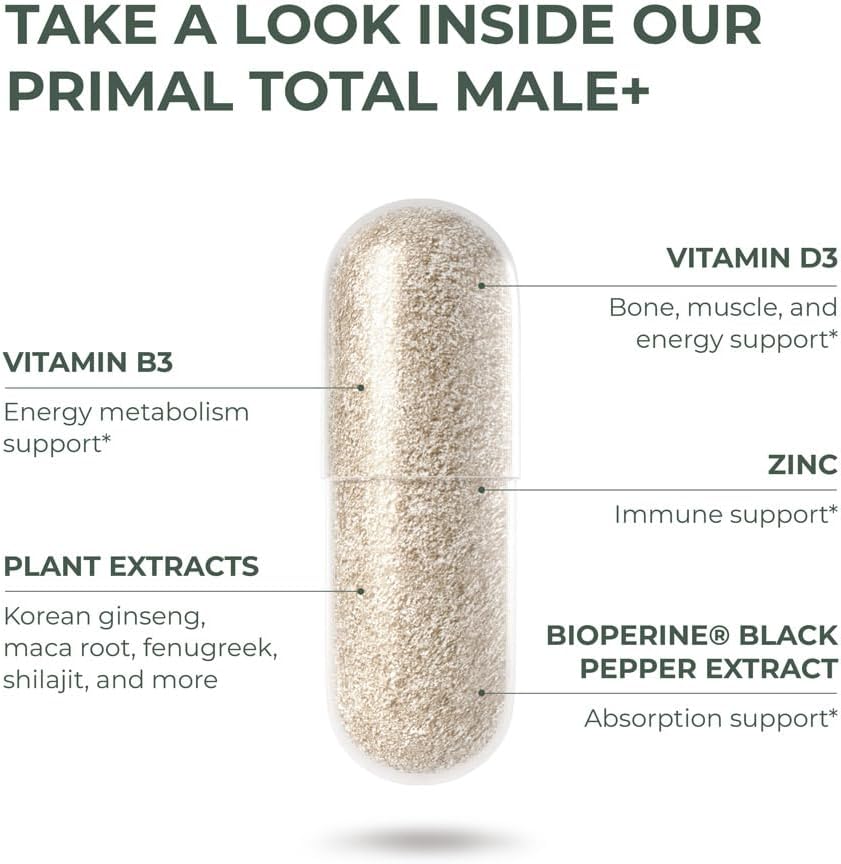 Primal Harvest Total Male+ Multivitamin for Men with Essential Vitamins, Minerals and Herbal Support for Energy, Vitality, Immune Health and Performance