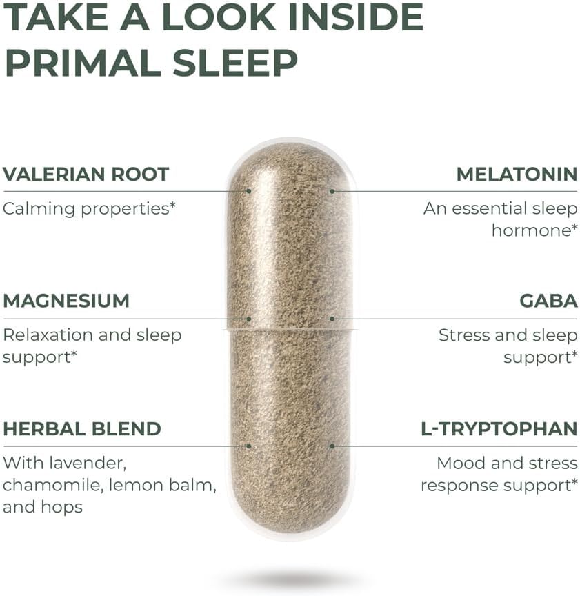 Primal Harvest Primal Sleep Support Supplement, 60 Capsules with Valerian Root, L-Tryptophan, GABA, Chamomile, and Melatonin 3mg