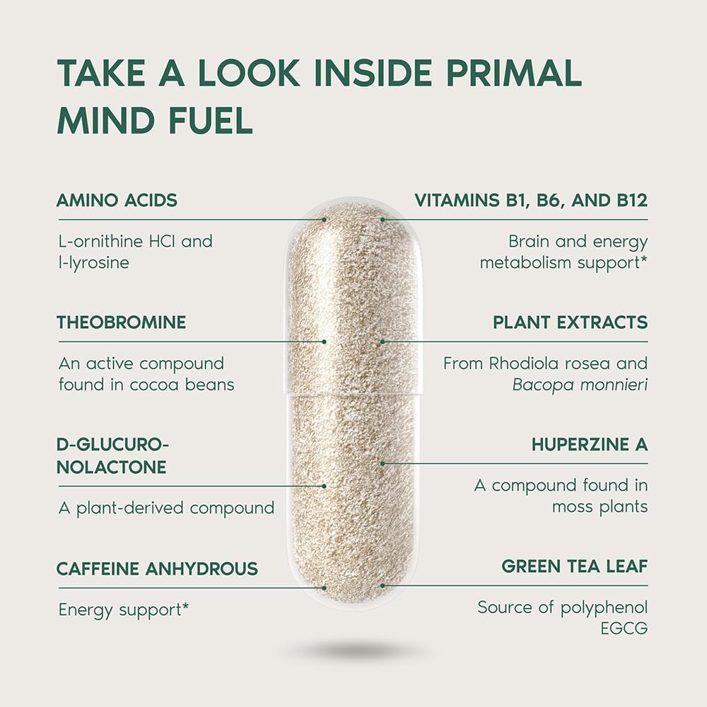 2 Pack, Primal Mind Fuel Brain Booster for Focus, Energy, Clarity, Memory Brain Health 30 Capsules Nootropics Brain Support Supplement for Men and Women