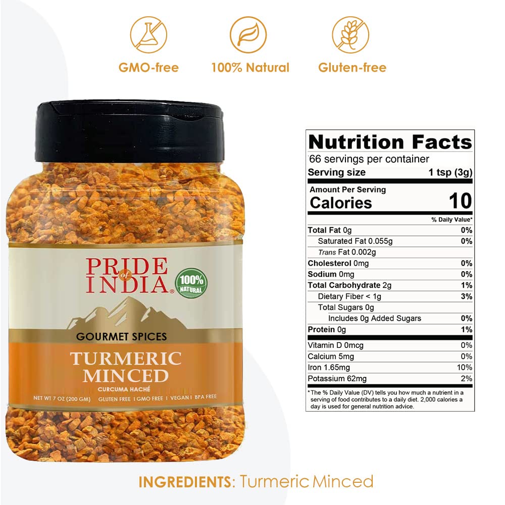 Pride of India – Turmeric Minced Whole – Gourmet Spice – Curcumin Rich Properties – No Additives Gluten – Easy to Use – 7 oz. Medium Dual Sifter Jar