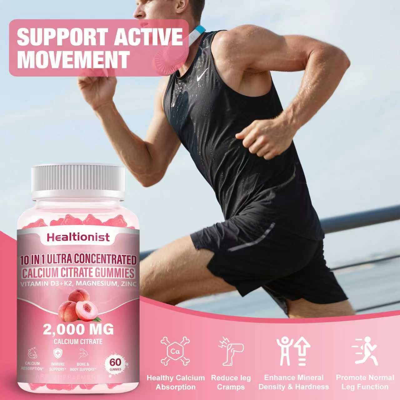 2 Packs 2000mg Calcium Citrate with Vitamin D3 K2 Supplements Gummies for Women & Men, Magnesium, Zinc, High Absorption, Bone, Muscle & Immune Support, 120 Counts Peach Flavor Gummies