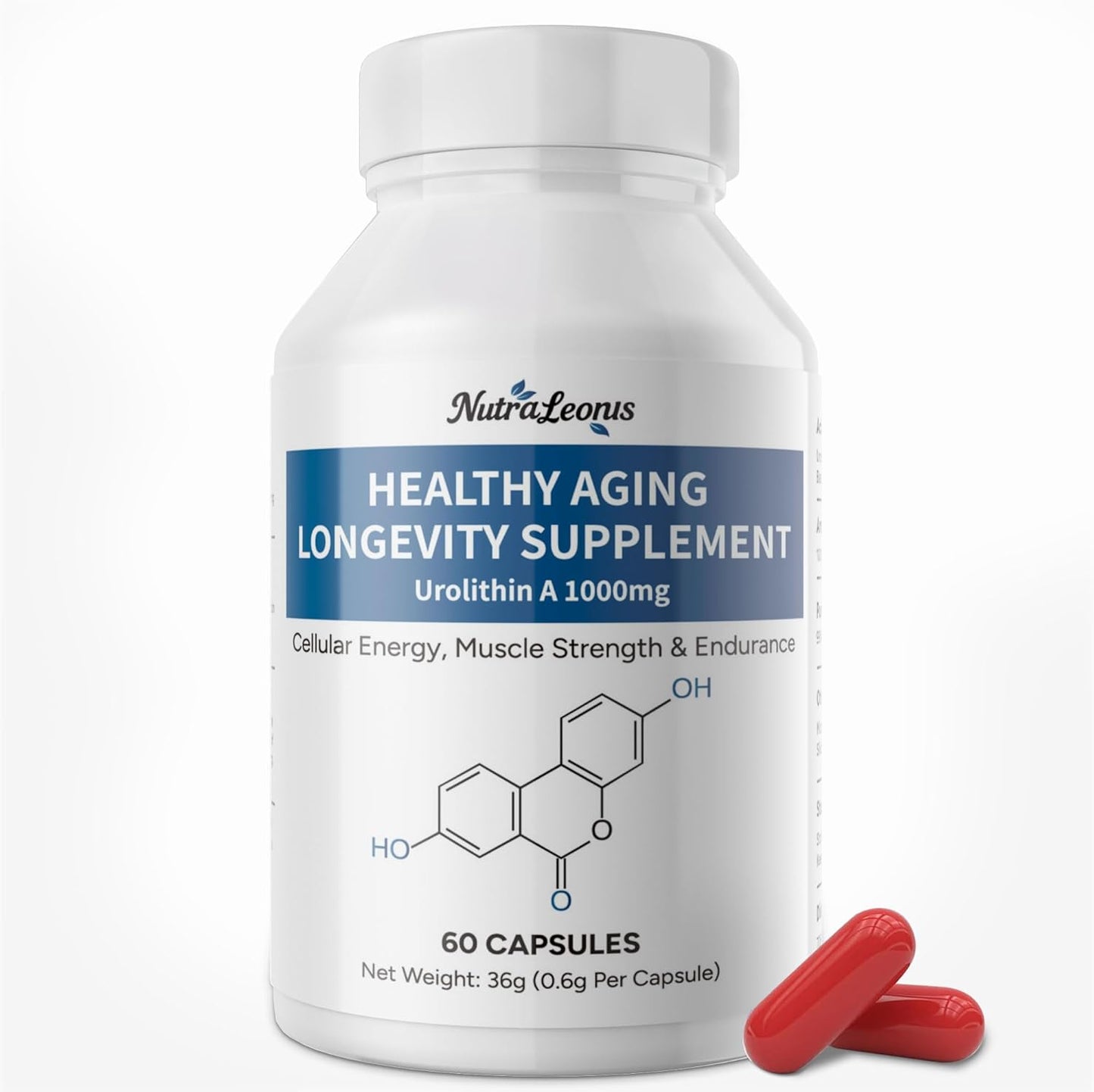 Urolithin A Supplement 1000 mg - 60 Capsules | Mitochondrial Support with NAD+ & PQQ | Boosts Cellular Energy and Rejuvenation | 99% Pure Urolithin A