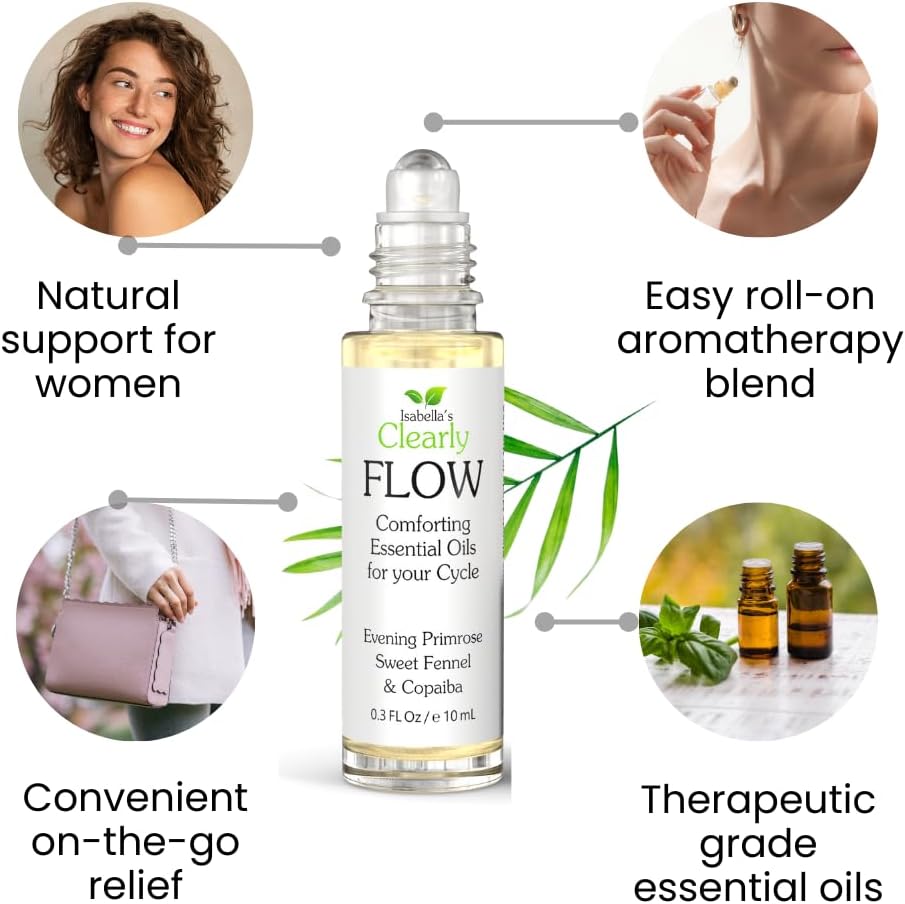 Flow Essential Oil Roll On for Women | Natural Aromatherapy Blend for PMS Support, Balance, Mood, and Comfort with Evening Primrose, Clary Sage, Copaiba, Fennel