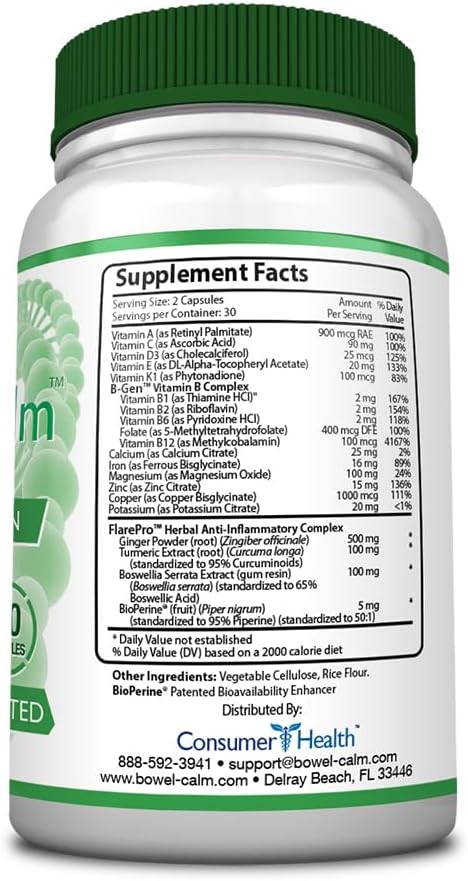 Bowel Calm - Ginger, Turmeric, Boswellia, BioPerine - One Month Supply - Non-GMO