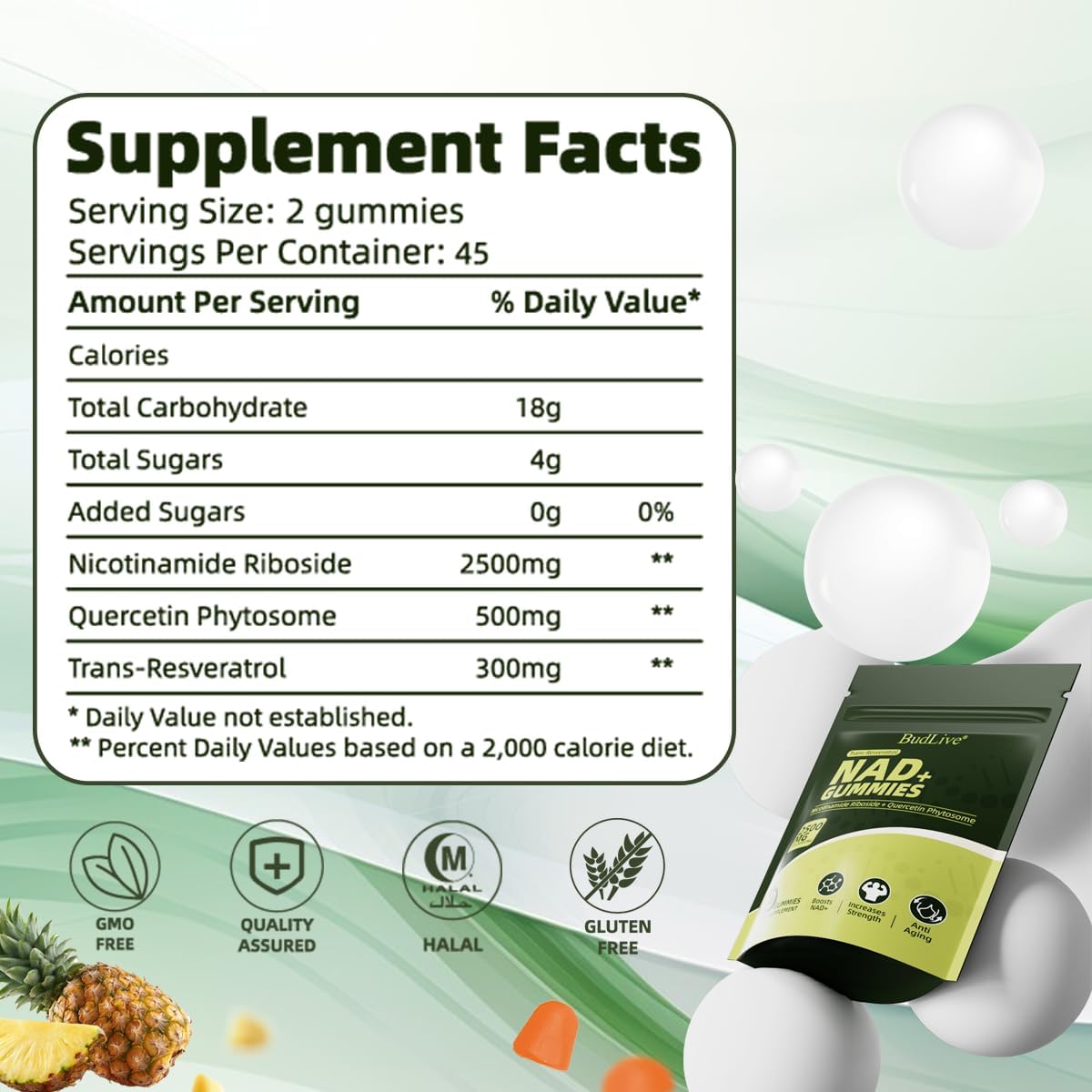 NAD+ Gummies – Sugar-Free NAD Supplement with Liposomal Nicotinamide Riboside, Resveratrol & Quercetin – Anti-Aging, Cellular Energy & Health Support – Pineapple Flavor, 90 Gummies