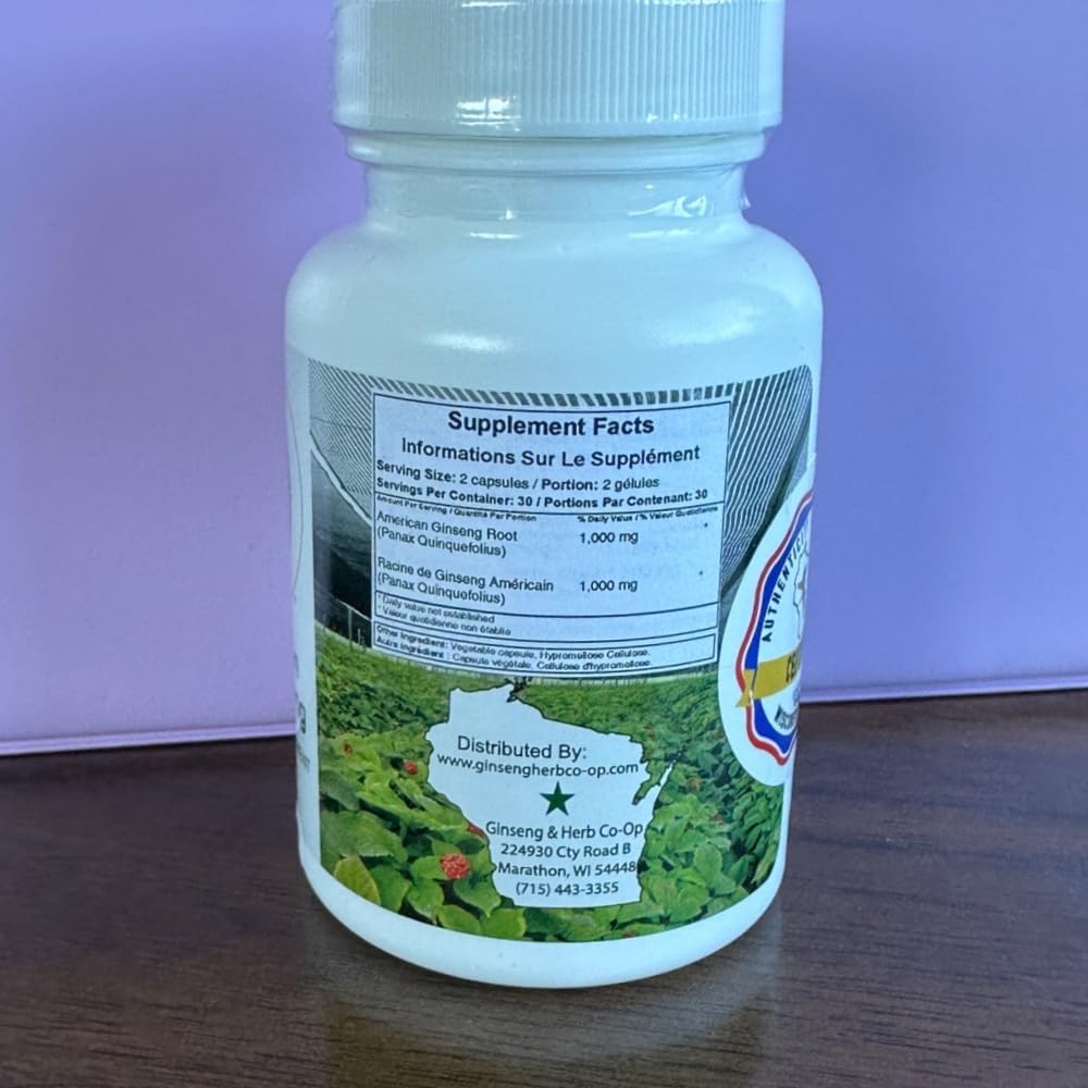 100% Pure Wisconsin American Ginseng Capsules - 500mg. Authentic Panax Quinquefolius. Potent Ground Ginseng Root - No Fillers, Binders or Other Additives.