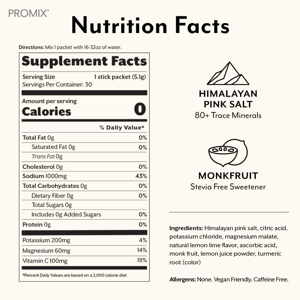 ProMix Nutrition Electrolytes Powder Packets - Sugar Free, Zero Calorie, Stevia Free, Fasting Friendly, Natural Himalayan Pink Salt - Lemon Lime - 30 Servings (Pack of 30)
