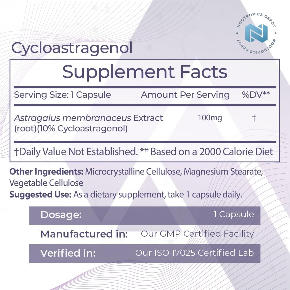 Nootropics Depot Cycloastragenol 10% Capsules | 100mg | 30 Count | Astragalus membranaceus | Cellular Health, Immune Support, Lengthens Telomeres