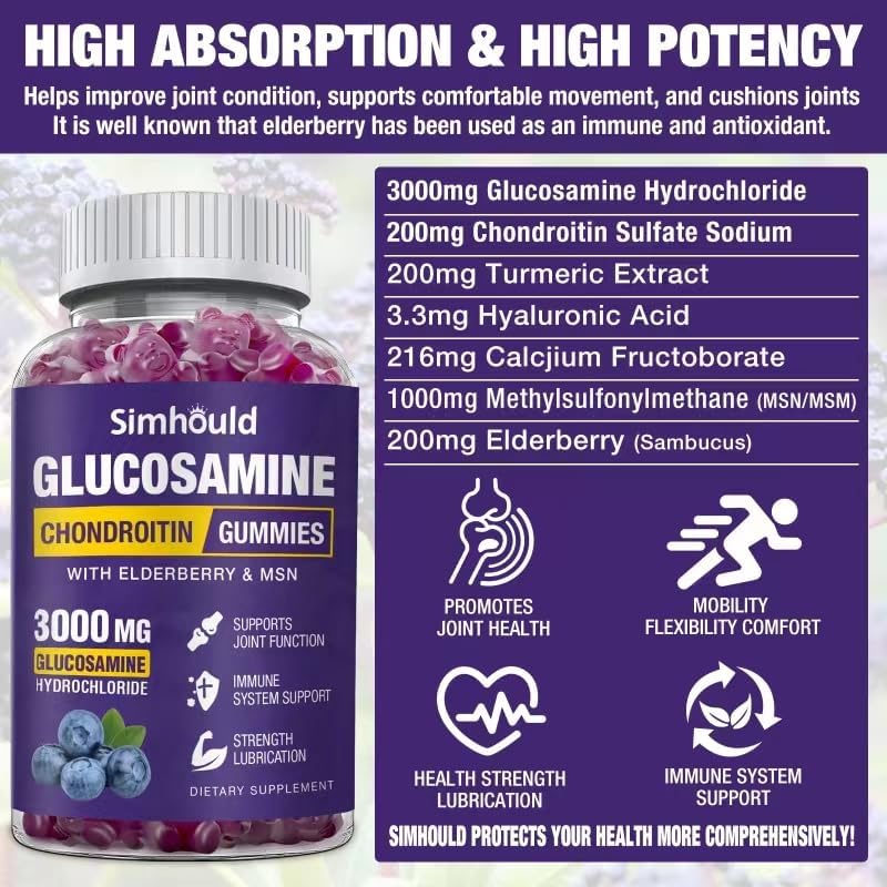 2 Packs Glucosamine Chondroitin Gummies - 3000MG Extra Strength Joint Support Supplement with MSM & Elderberry, Flexibility, Antioxidant Immune Support Gummy for Adults, Men & Women