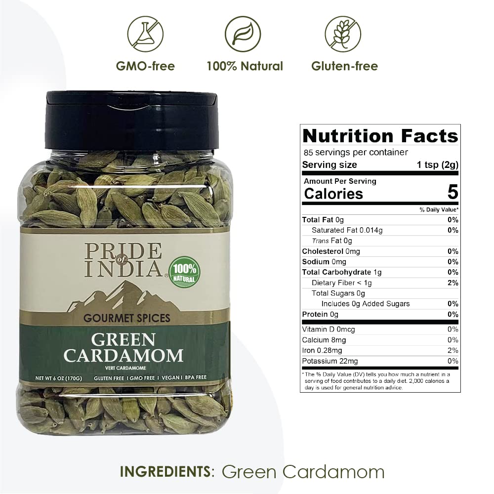 Pride of India – Green Cardamom Whole – Gourmet & Aromatic Spice – Flavoring agent for bakes/teas/drinks & more – Full Bodied Green Pods – 6 oz. Medium Dual Sifter Jar