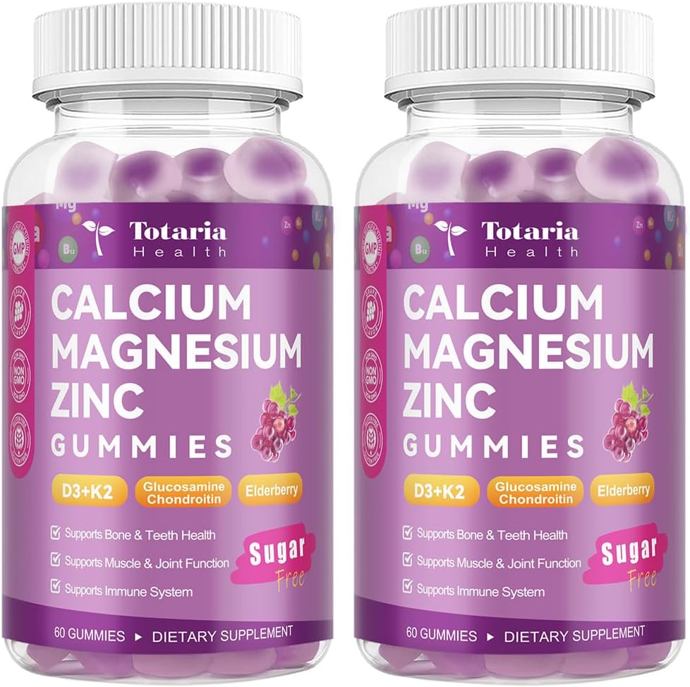 2 PCS Sugar Free Calcium 1200 mg with Vitamin D3 K2 (MK-7) Gummies, Calcium Citrate Magnesium Zinc Supplement w/Boron, Glucosamine Chondroitin, Max Absorption for Bone, Immune, Joint, Grape-Flavor