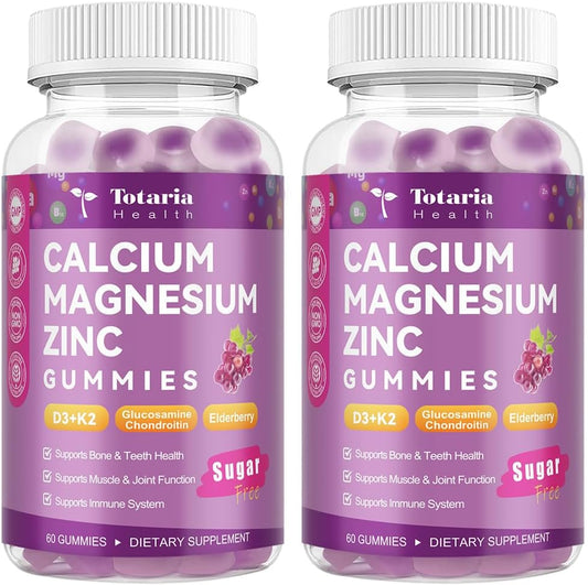 2 PCS Sugar Free Calcium 1200 mg with Vitamin D3 K2 (MK-7) Gummies, Calcium Citrate Magnesium Zinc Supplement w/Boron, Glucosamine Chondroitin, Max Absorption for Bone, Immune, Joint, Grape-Flavor