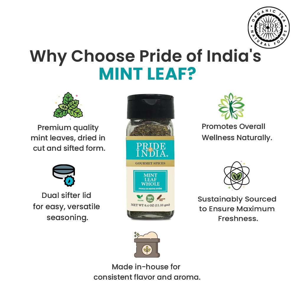 Pride of India – Mint Leaf Whole – Cut & Sifted for Convenience of Use – Good for Culinary Uses – Ideal for Tea/Beverages – Easy to Use – 1 oz. Small Dual Sifter Bottle