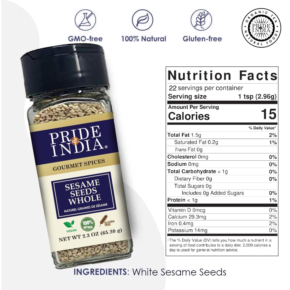 Pride of India | Sesame Seed Whole 2.3 oz (65.20 gm) Small Dual Sifter Bottle | Unhulled & Fresh | Keto-Friendly/Gluten-Free | Rich in Dietary Fiber | Ideal Seasoning for Salads/Sweets/Desserts – Easy to Use