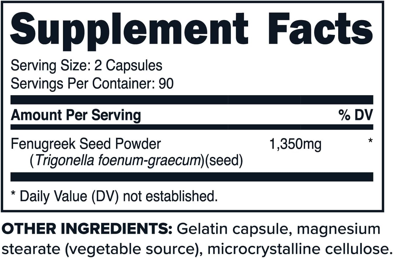 Primaforce Fenugreek Seed Capsules (180 Capsules / 1350mg Per Serving, 2 Capsule Servings) - Premium Herbal Supplement for Men and Women, Non-GMO, Gluten Free Supplement