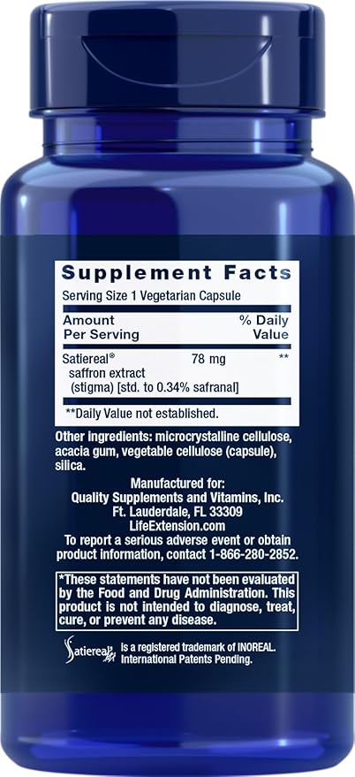 Life Extension Optimized Saffron Extract with Satiereal, 90 Vegetarian Capsules