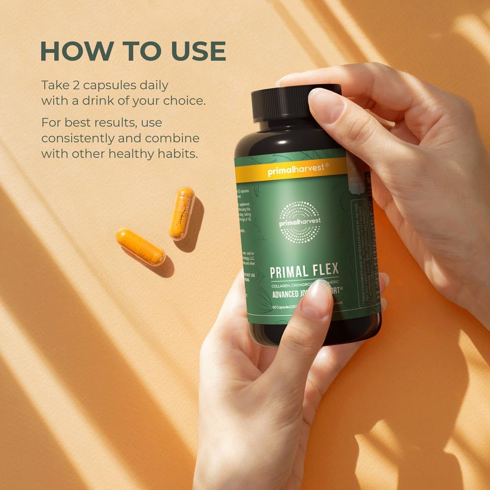Primal Harvest, Primal Flex Joint Supplement with Collagen, Turmeric, Boswellia and Ashwagandha (60 Count) 1 Pack