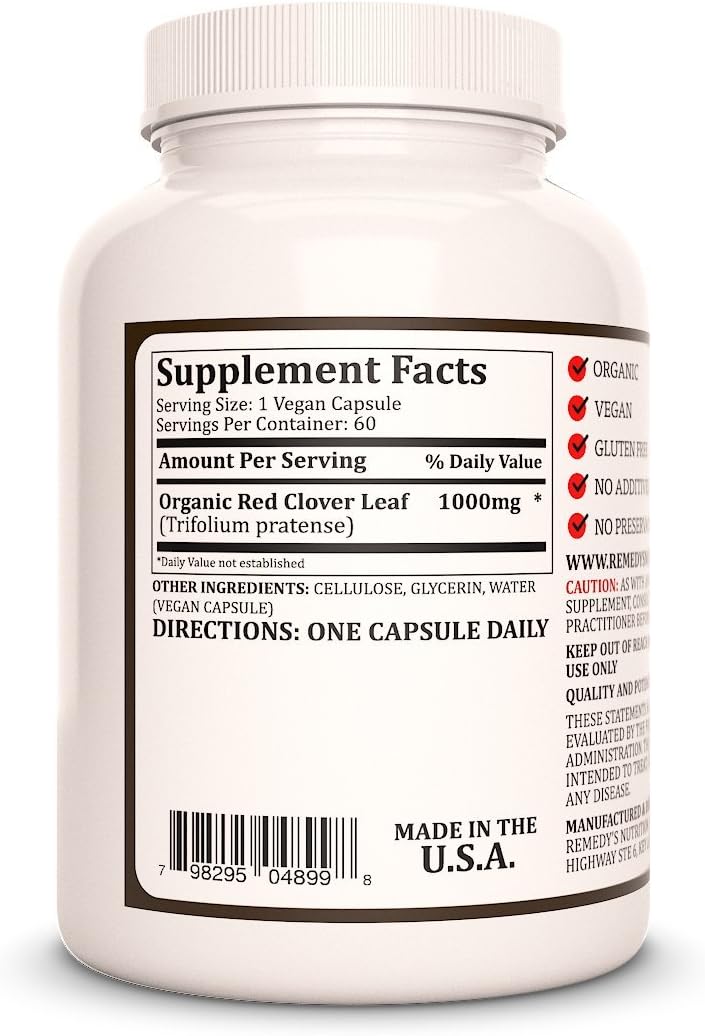 Remedy's nutrition Red Clover Leaf | 1,000 mg, 60 Vegan Capsules Herbal Dietary Supplement | Two Month Supply