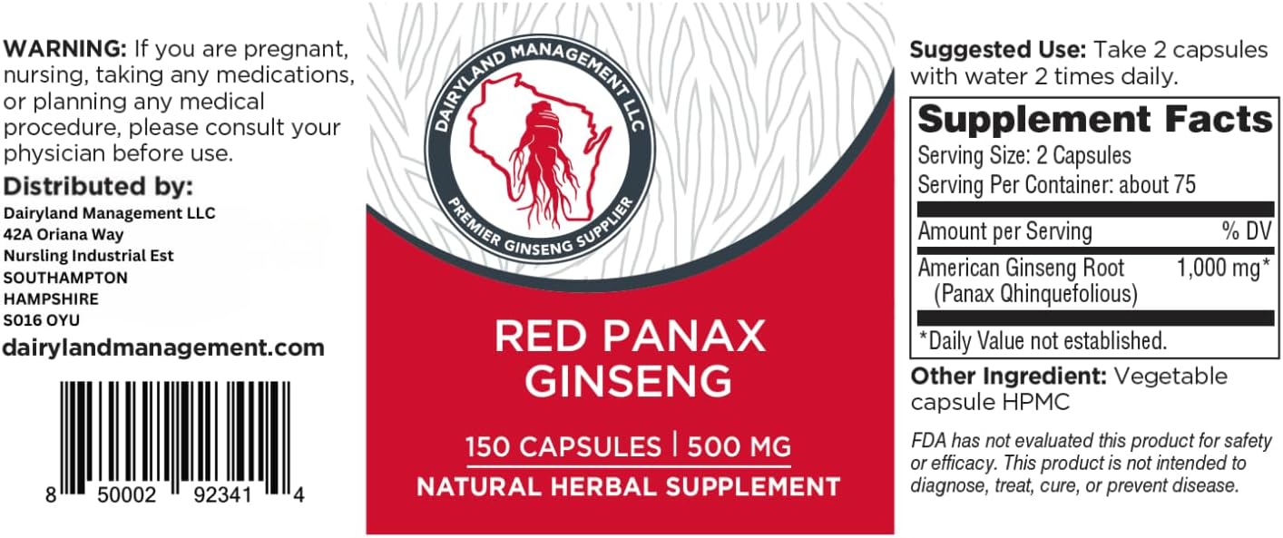 100% Authentic Korean Red Panax Ginseng Capsules -500 mg. Potent Ground Ginseng Root Extract Powder - No Fillers, Binders or Other Additives. (150 ct)