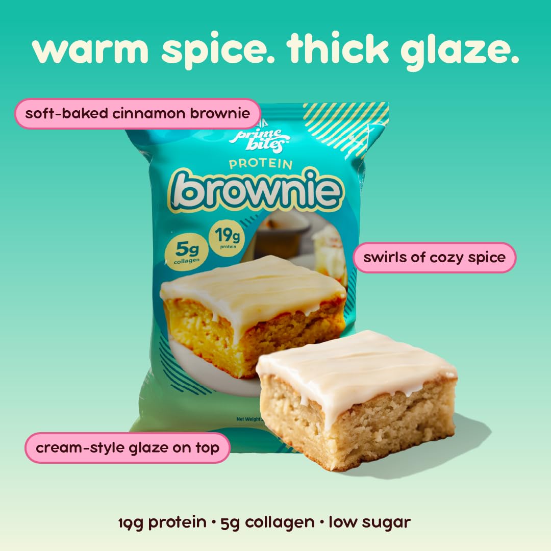 Prime Bites Protein Brownie from Alpha Prime Supplements | High Protein, Collagen Fortified Low Sugar Treat | Delicious Snack | 12 Bars per Box (Glazed Cinnamon Roll)