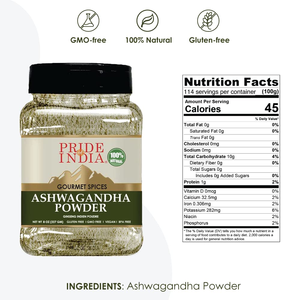 Pride of India Natural Ashwagandha Root Ground | Withania Somnifera Powder | Traditional Herb Powder | Supports Energy & Body Functions | Ayurvedic Herb | Gluten-Free | 8 oz. Dual Sifter Jar