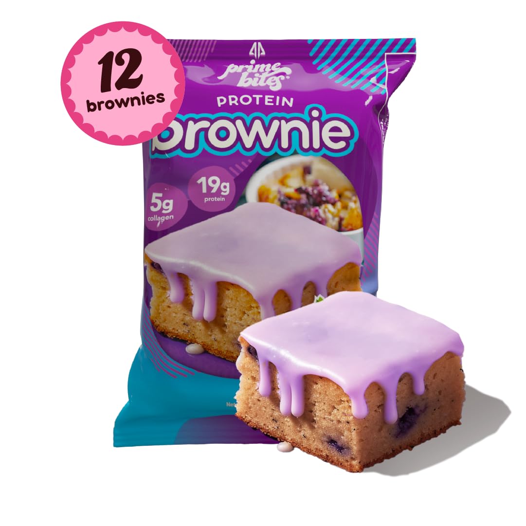 Prime Bites Protein Brownie from Alpha Prime Supplements | High Protein, Collagen Fortified Low Sugar Treat | Delicious Snack | 12 Bars per Box (Blueberry Cobbler)