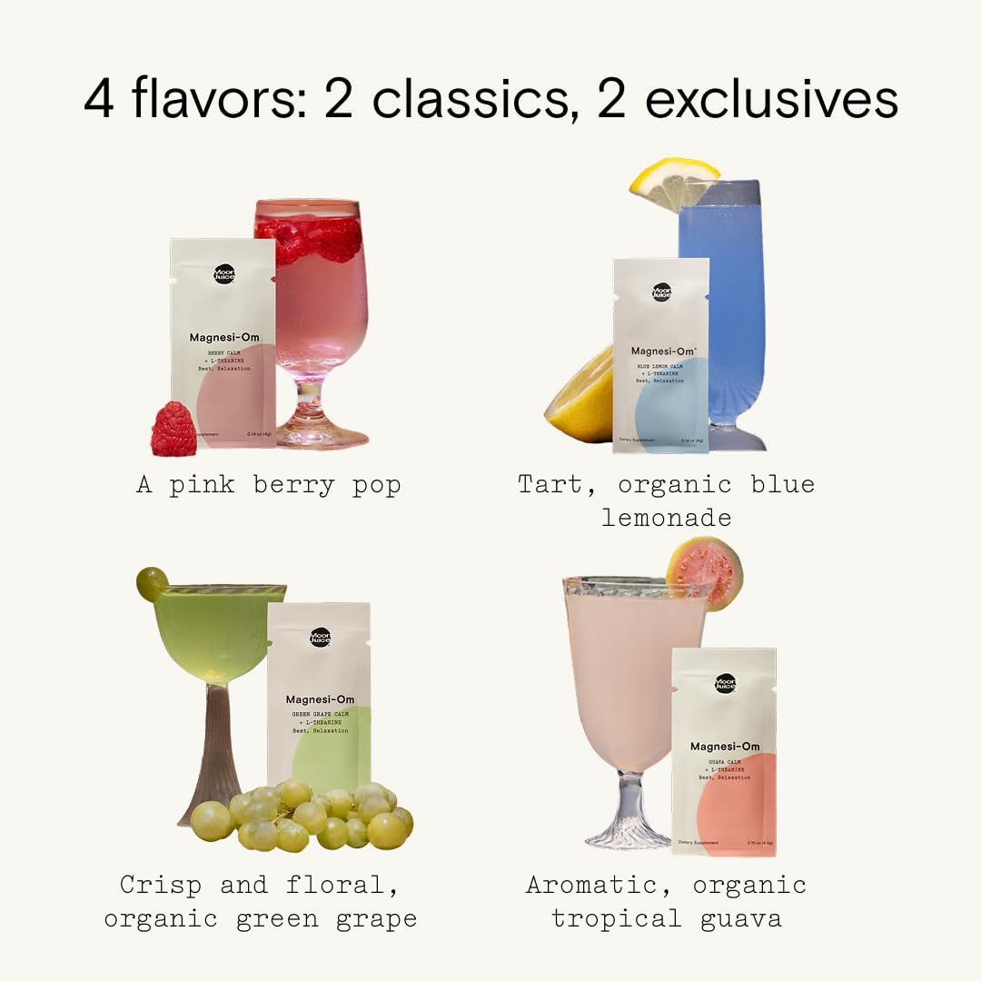 Moon Juice Tutti Frutti Magnesi-Om Variety Pack | Magnesium + L-Theanine | for Natural Calm + Regularity | Magnesium Citrate | Sugar Free | Guava, Green Grape, Blue Lemon, Berry | (24 Sticks)