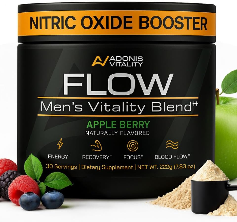 Flow - Nitric Oxide Supplements for Men - 5,000mg L-Citrulline, Supports Blood Flow, Recovery & Endurance - Nitric Oxide Booster, Ashwagandha, Fenugreek | Apple Berry, 30 Servings
