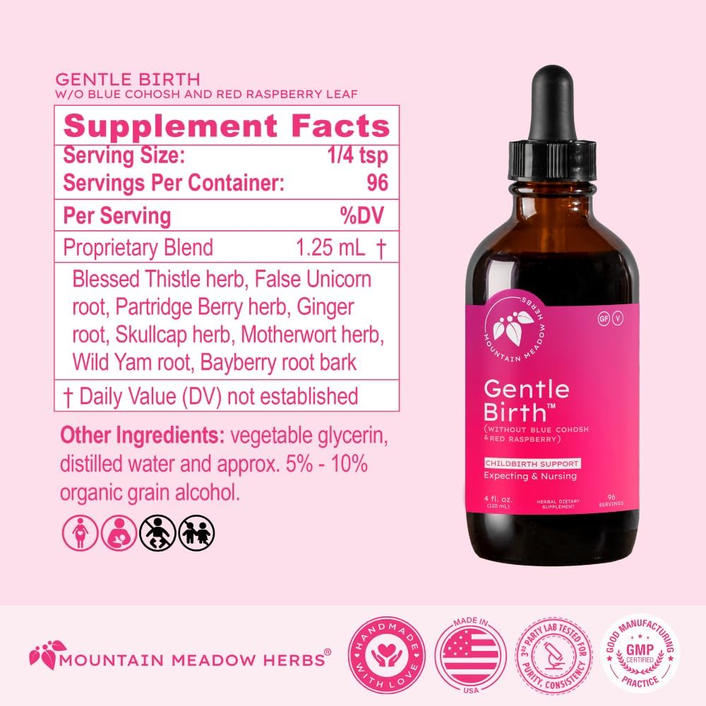 Mountain Meadow Herbs Gentle Birth for Birth Prep/Labor Prep, Fast Acting Liquid Herbal Extract for Childbirth Support w/o Blue Cohosh - 4oz