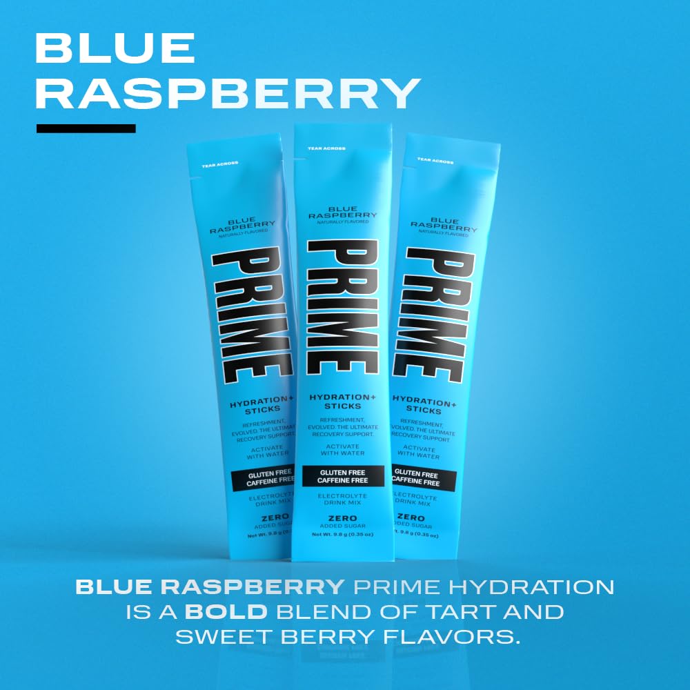 PRIME HYDRATION+ Sticks Blue Raspberry | Hydration Powder Single Serve Sticks | Electrolyte Powder On The Go | 250mg BCAAs, B Vitamins, Antioxidants | Low Sugar | Caffeine-Free | Vegan | 48 Sticks