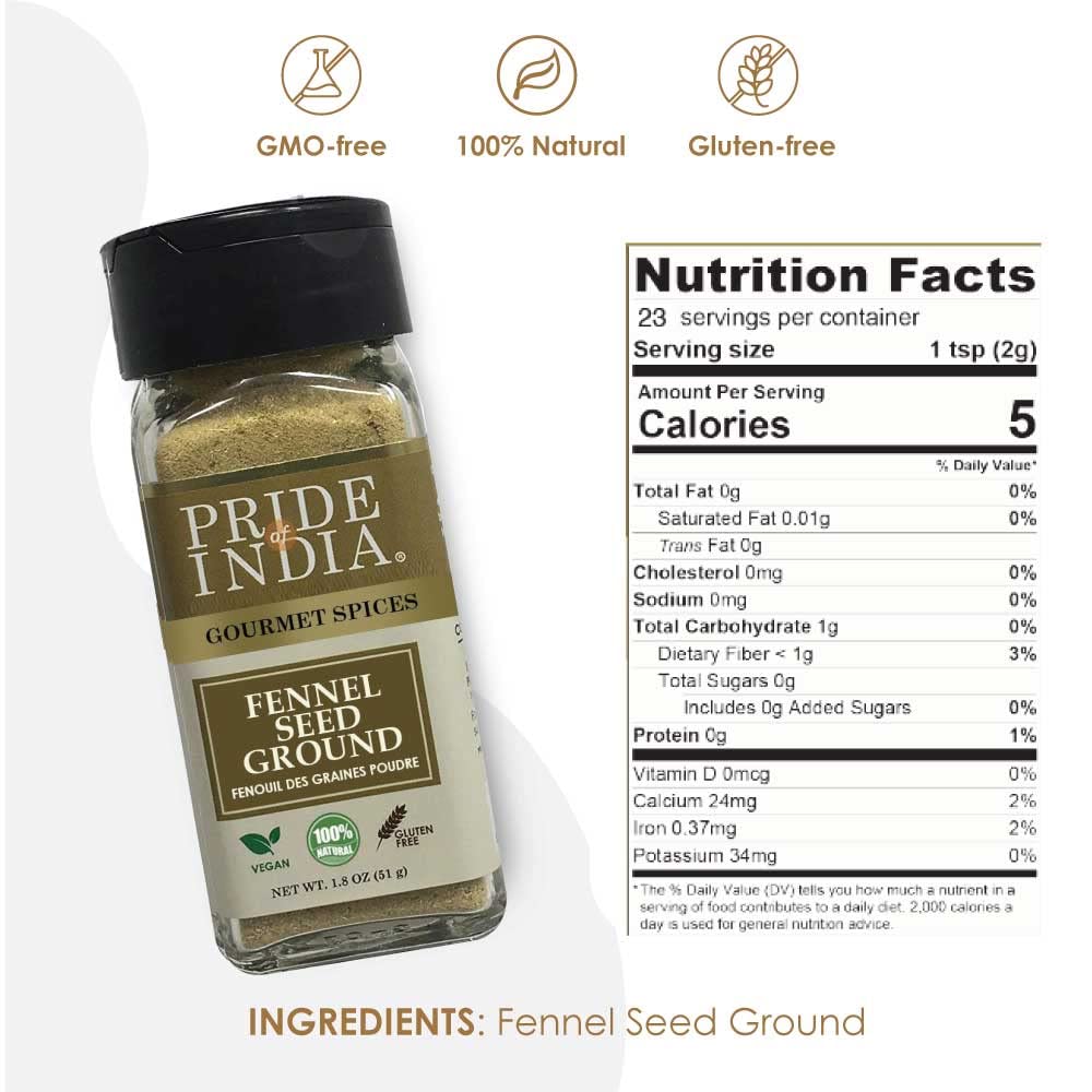 Pride of India – Fennel Seed Ground – Natural & Gourmet Spice – Perfect Addition to Tea/Drinks/Roast/Rubs/Bakes/ - Cooling Properties – Easy to Use – 1.8 oz. Small Dual Sifter Jar