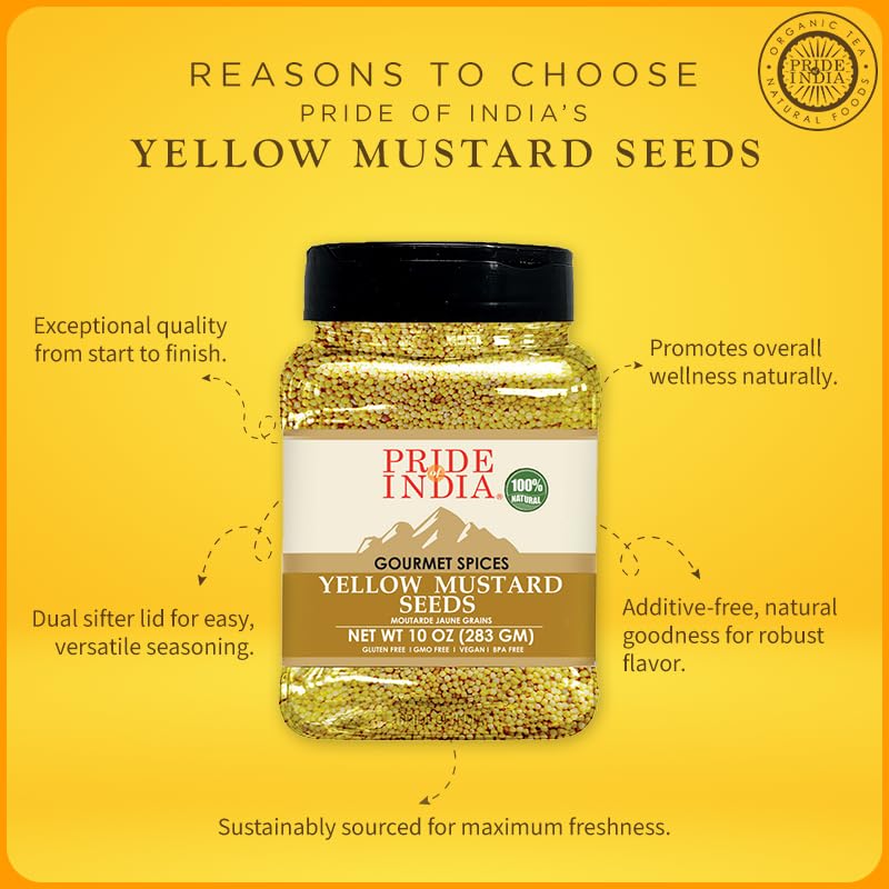 Pride Of India – Yellow Mustard Seed Whole – Pungent & Aromatic – Gourmet Indian Spice – Add in Salads/Dressings/Chicken/ Meat/Pickles – Easy to Store - 11 Oz (Pack of 1)