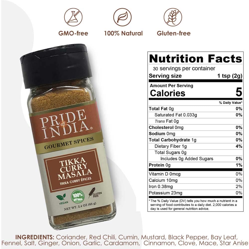Pride of India – Tikka Curry Masala Seasoning Spice – Gourmet Curry Mix – Ideal for Vegetarian and Meat Dishes – Natural & GMO Free – Easy To Use - 2.4 oz. Small Dual Sifter Bottle