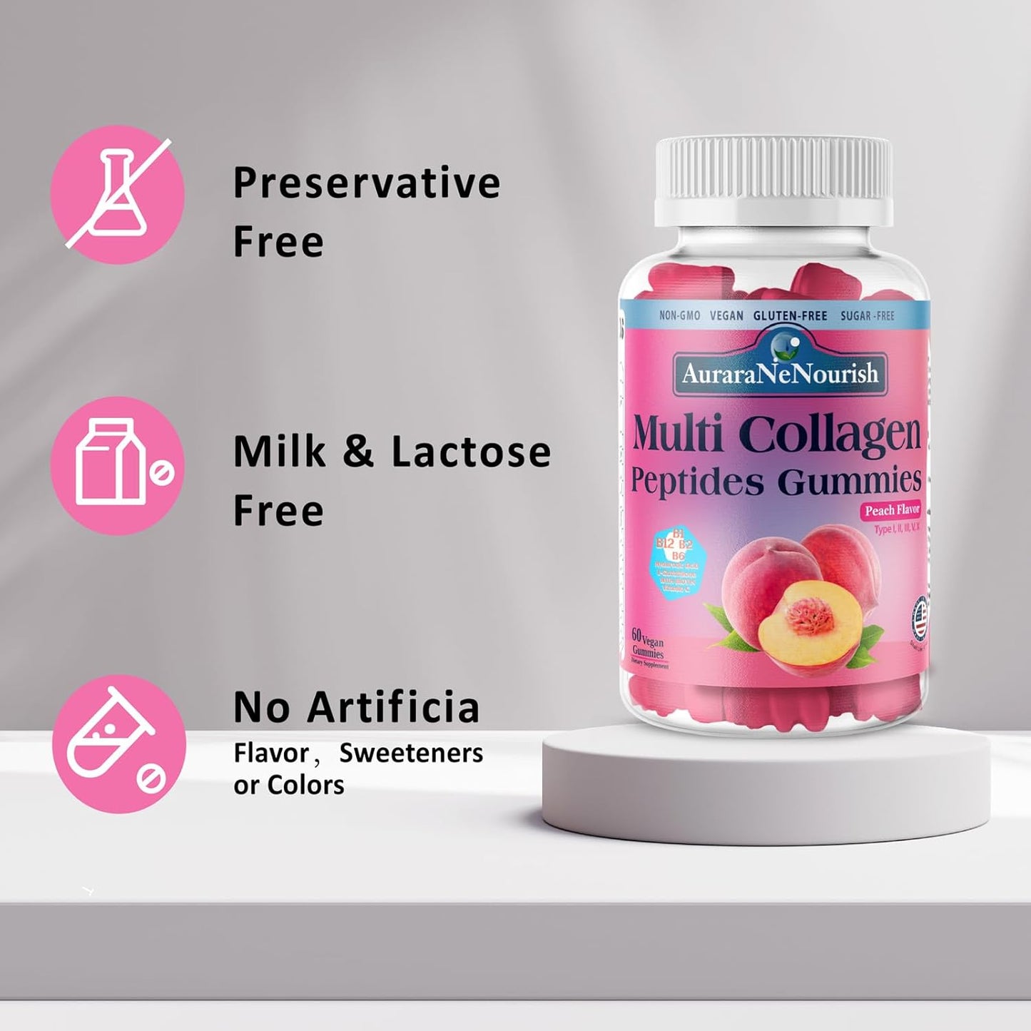 2 Pack Multi Collagen Peptides Gummies, Sugar Free Hydrolyzed 5000mg Protein丨Type I,II,III,V,X with Biotin Hyaluronic Acid Vitamin C A D B6 B12 L-Glutathione for Skin Hair Nail & Joint -Peach