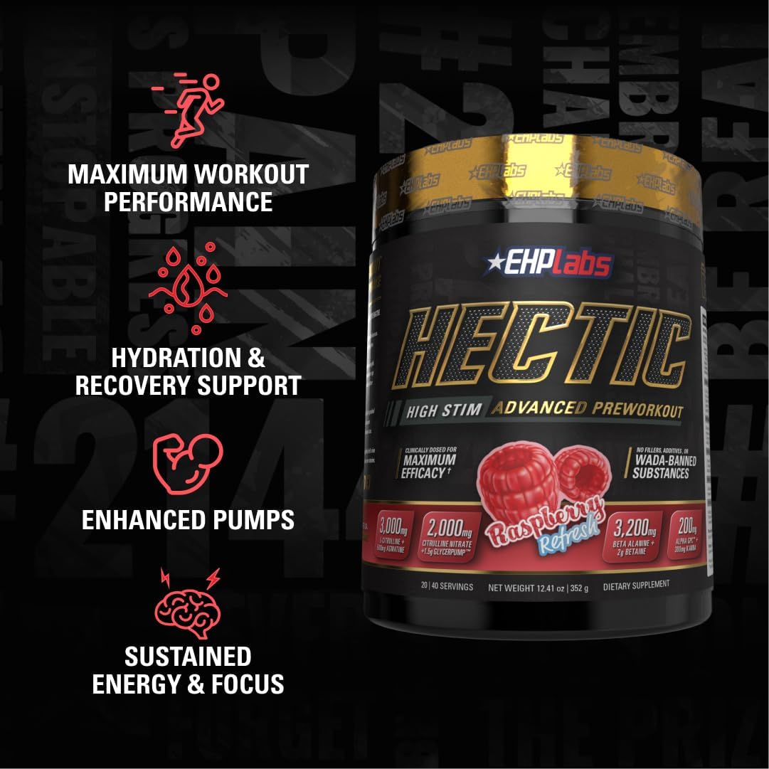 EHP Labs Hectic PreWorkout - High Stim Advanced Pre Workout Powder for Max Performance - Caffeine, Beta Alanine, Coconut Water - Energy, Pump, Recovery & Hydration - 40 Serves (Raspberry Refresh)