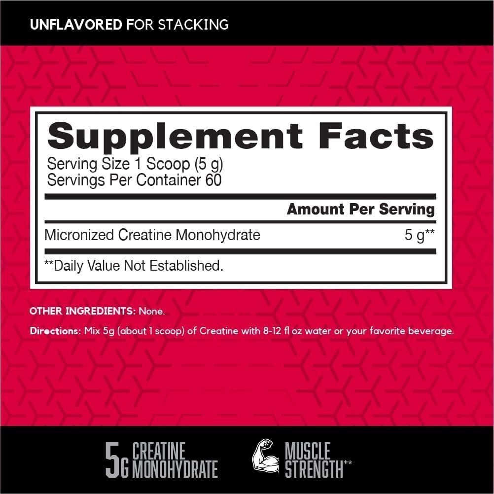 BSN Micronized Creatine Monohydrate Powder, Unflavored, 60 Servings, Supports Muscle Strength, 5g (5000mg) per Servings,Pure & Gluten Free, 5g (5000mg) per Servings