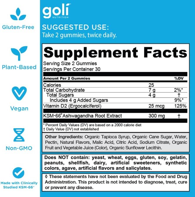 Goli Ashwagandha & Vitamin D Gummy - 180 Count - Mixed Berry, KSM-66, Vegan, Plant Based, Non-GMO, Gluten-Free & Gelatin Free Relax. Restore. Unwind, Pack of 3